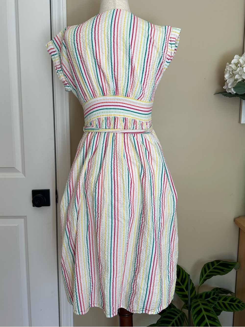 LOFT Button Down Tie Waist Rainbow Striped Midi Dress size 00P - Picture 3 of 5